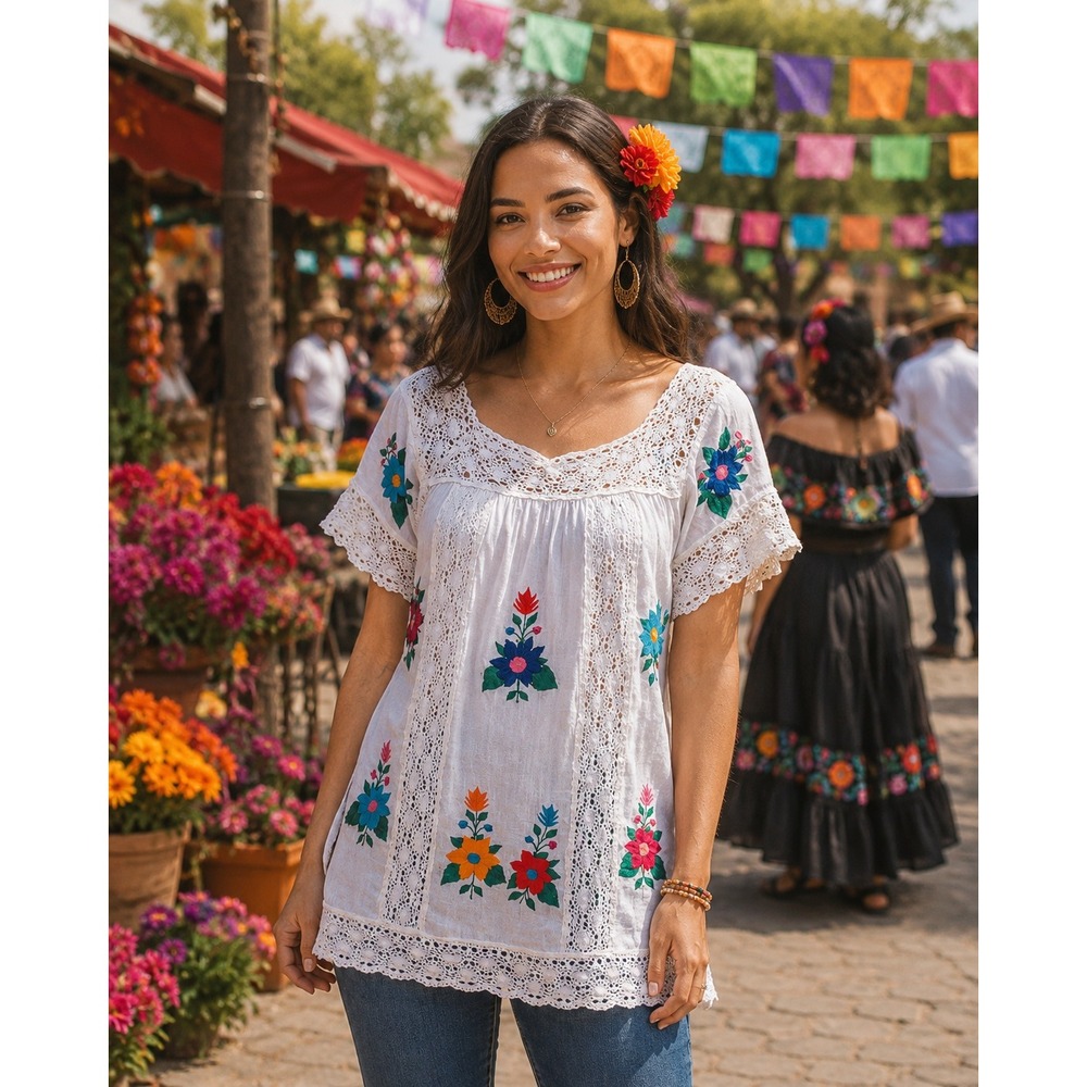 Vintage Mexican Floral Embroidered White Crochet Lace Peasant Tunic Top
